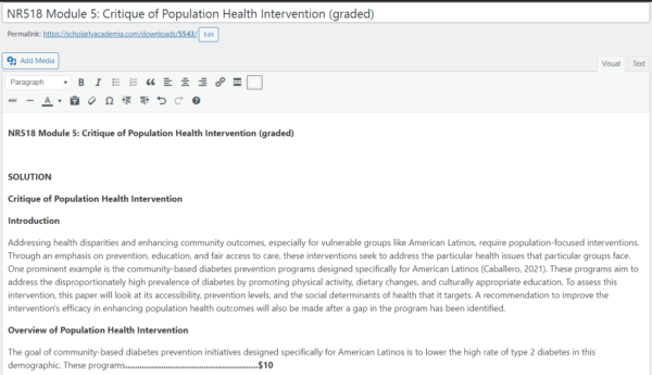 NR518 Module 5: Critique of Population Health Intervention