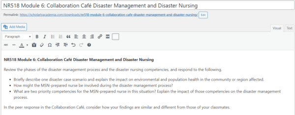 NR518 Module 6 Collaboration Café: Disaster Management and Disaster Nursing