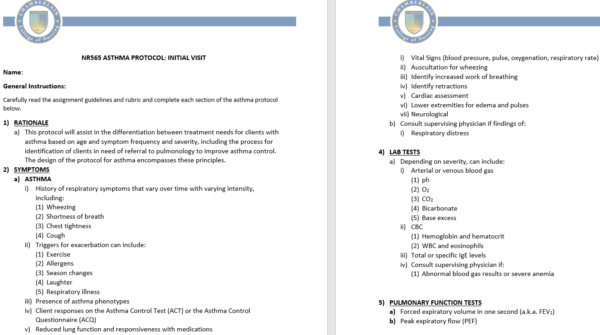 NR565 Week 6: Respiratory Protocol Assignment