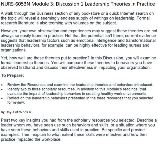 NURS-6053N Module 3 Discussion 1: Leadership Theories in Practice