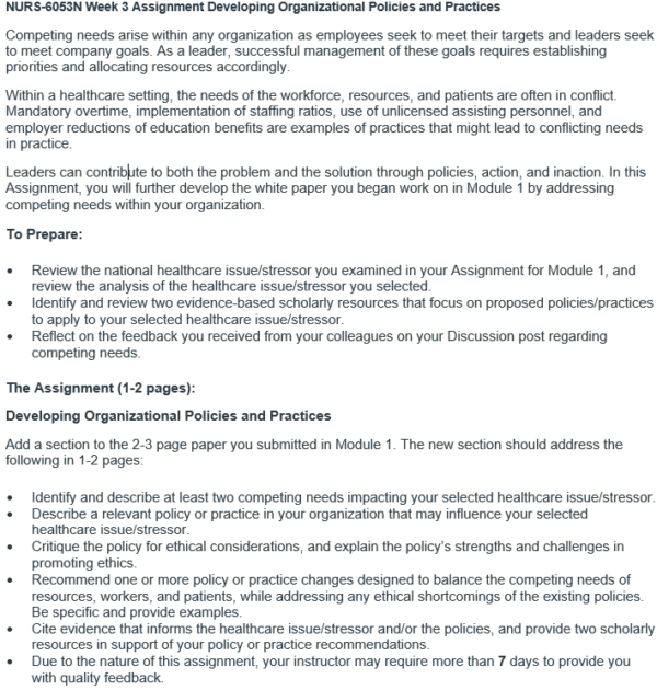 NURS-6053N Week 3 Assignment Developing Organizational Policies and Practices